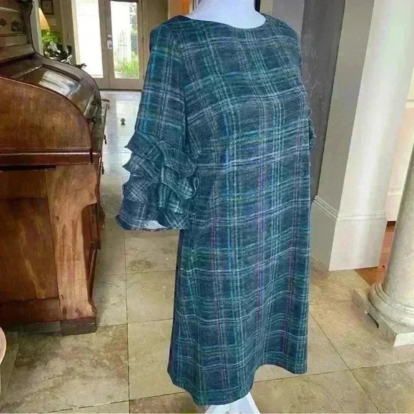 Gabby Skye Shift Dress Navy Size 6 Violet Plaid Ruffle Sleeves Cozy Fall Career - Picture 9 of 16